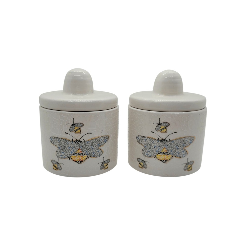 Seeds & Sunshine Ceramic Bee Honeycomb Canister Trinket box Set of 2 White Blue